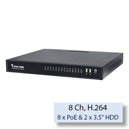 VIVOTEK 8 Channel ND8322P Embedded Plug & Play NVR, 8 PoE Ports, RAID, HDMI, VGA Ports, Upto 12TB Max Capacity, No HDD