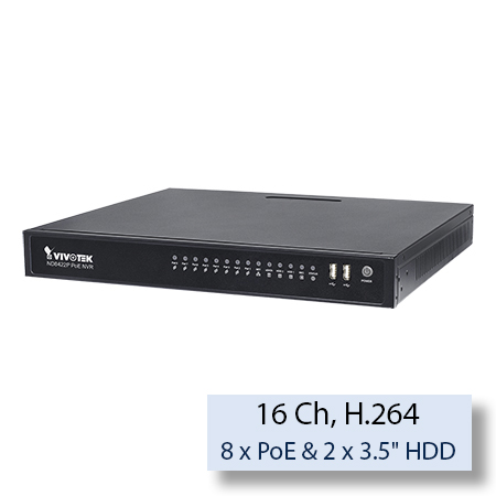 VIVOTEK 16 Channel ND8422P Embedded Plug & Play NVR, 8 PoE Ports, RAID, HDMI, VGA Ports, Upto 12TB Max Capacity, No HDD