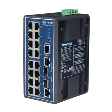 16 Fast Ehternet + 2 Gigabit Combo Ports Industrial Managed GbE Switch, Wide Temperature