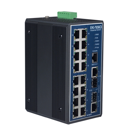 16 Fast Ehternet + 2 Gigabit Combo Ports Industrial Managed GbE Switch, Wide Temperature